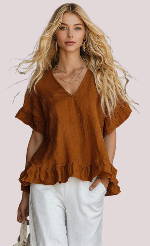 V-neck shirt with ruffle edge Fashion casual short-sleeved top FF303331