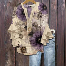 Creative floral element printing digital printing casual trend V-neck lotus edge horn T-shirt m302747