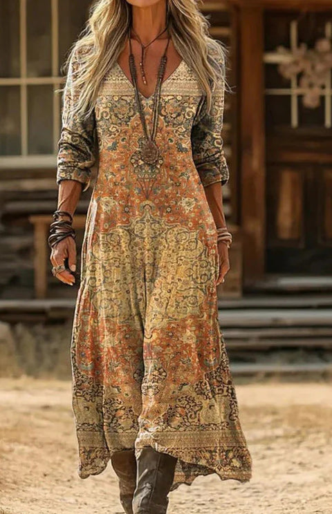 Creative tie-dye 3D printing women's new V-neck long-sleeved dress medium and long dress m302799