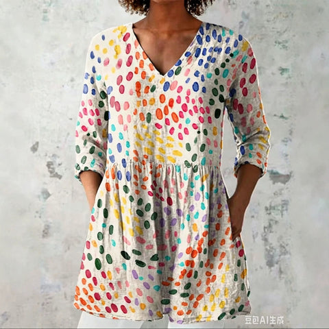 V-neck medium-sleeved T-shirt loose and casual new fashion women's top FF303377