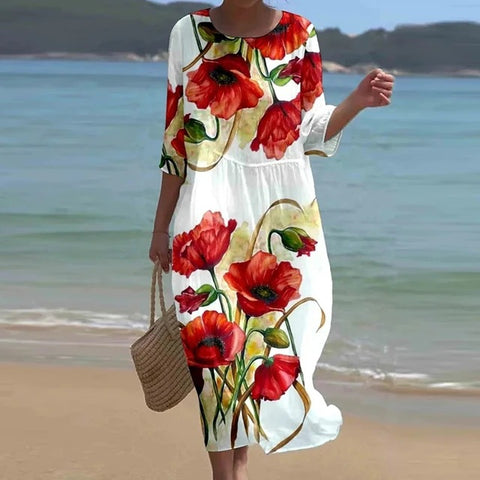 Loose crew neck fashion high-end long-sleeved printed dress m301053