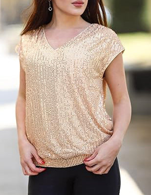Ärmel Pailletten schlank V-Ausschnitt einfarbig Top T-Shirt Damen m300996 
