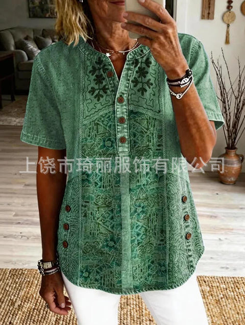 Women's Floral Print V-Neck Casual Women's Short Sleeve Top FF303332
