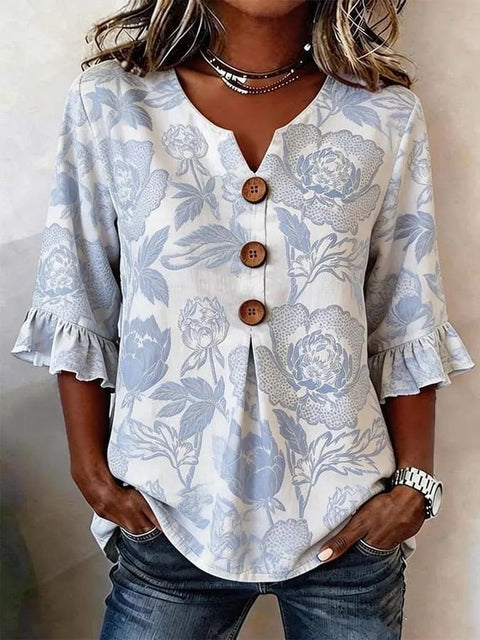 Small V-neck shirt flared sleeve printed button-down shirt m302753