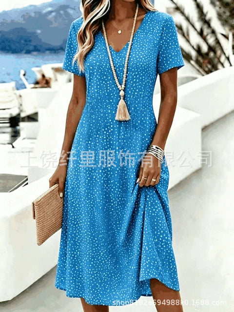 Printed women's v-neck short-sleeved temperament fashion dress m303046