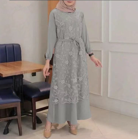 Robe longue ample à col ras du cou et manches longues en dentelle pour femme musulmane, m301325 