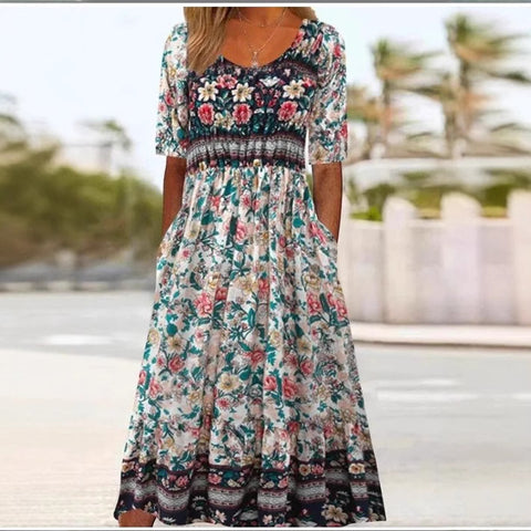 Up and down splicing pocket size printing large wide dress m302623-2