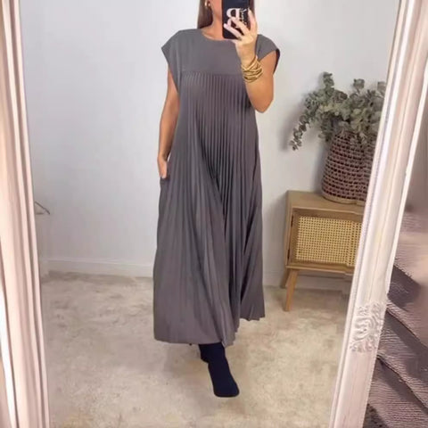 Robe plissée sans manches à col rond tendance m301308 