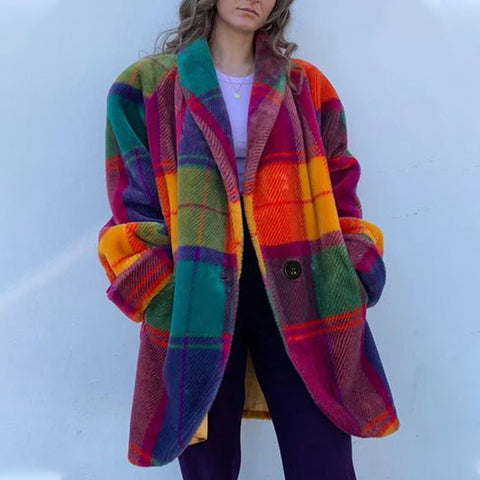 Langärmlige Revers-Farben-Matching-Jacke bedruckter Woll-Langmantel m300585 