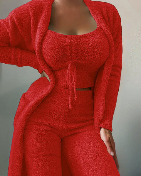 Plush three-piece lace-up pajamas set casual set loungewear m301066