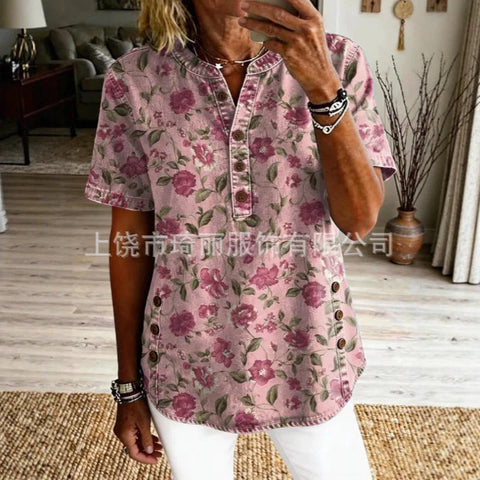 Women's Floral Print V-Neck Casual Women's Short Sleeve Top FF303332