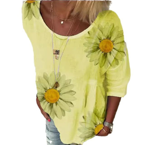 T-shirt col rond manches sept-quarts imprimé chrysanthème pour femme m300893 