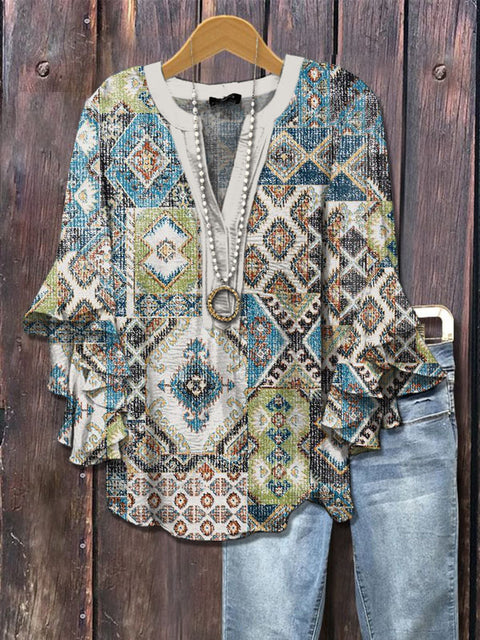 Creative floral element printing digital printing casual trend V-neck lotus edge horn T-shirt m302747