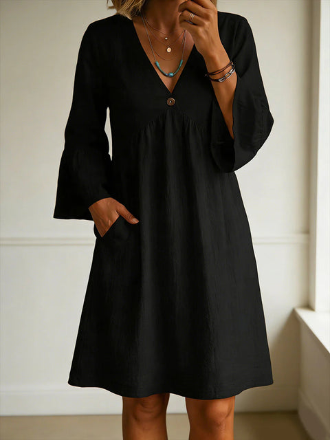Elegant loose button V-neck solid color women's dress m302734
