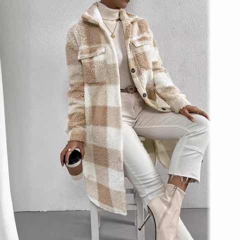 Offene Revers-Plüsch-Karojacke mit lockerem Temperament, Pendler-Langmantel für Damen m300360 