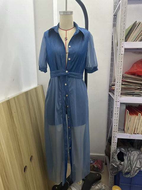 V-neck short-sleeved jacket organza blue imitation denim dress m303247