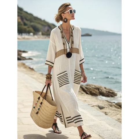 Holiday long striped embroidered dress m302762