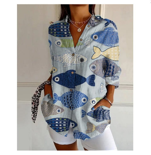 3D digital printing abstract pattern women's long-sleeved buckle linen shirt m302749-01