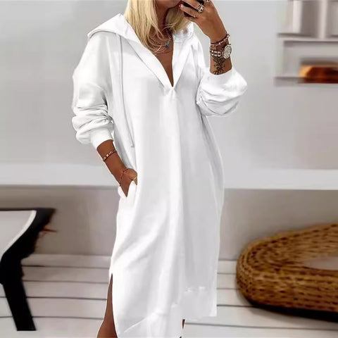 Long pullover sweater solid color split hem hooded knitted long dress women's m301595