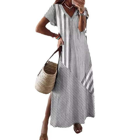 Robe fendue à col en V et imprimé à rayures positionnées m301462 