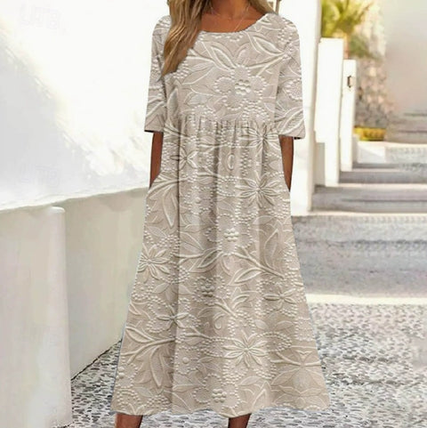 Damen Casual Rundhals Pullover Kurzarm 3D Druck Plissee Taille Swing Langes Kleid m301299 