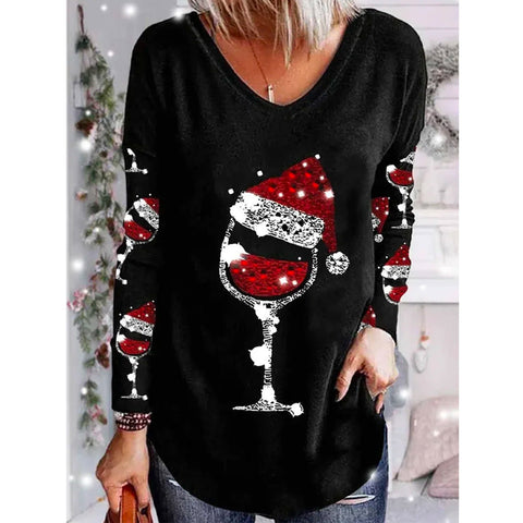 Loose 3D V-neck long-sleeved T-shirt women's Christmas printed bottoming shirt m302098