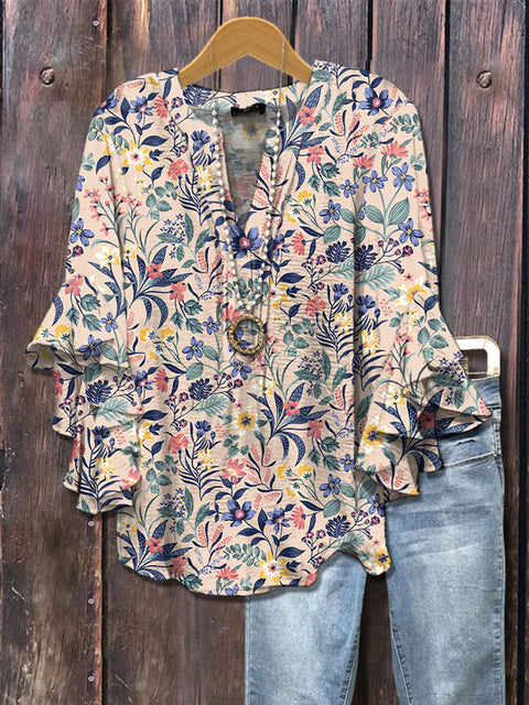 Creative floral element printing digital printing casual trend V-neck lotus edge horn T-shirt m302747