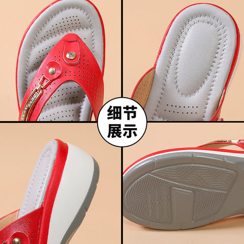 Rhinestone metal buckle light casual hollow wedge heel large size flip-flops m302827