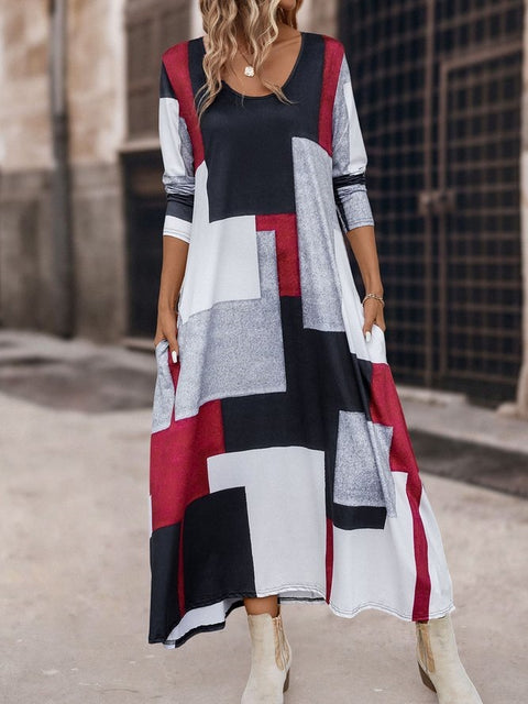 Spring and Autumn long dress big swing pocket loose round neck geometric print casual long sleeve dress m300703