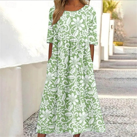 Damen Casual Rundhals Pullover Kurzarm 3D Druck Plissee Taille Swing Langes Kleid m301299 