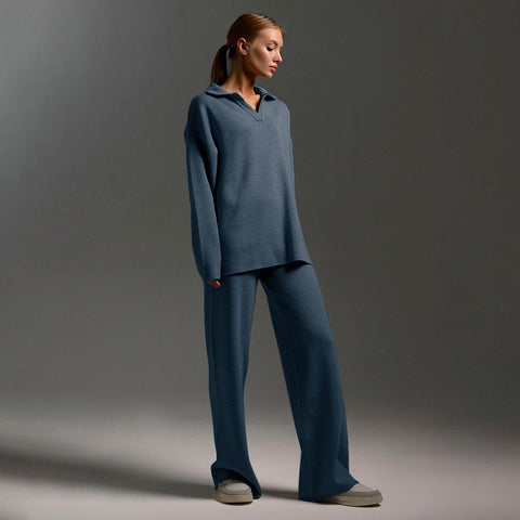 Knitted set European and American autumn and winter sweater set Polo neck knitted jumper + wide-leg trousers two-piece set m301788