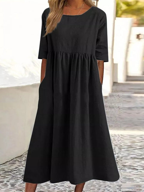 New cotton and linen casual short-sleeved pocket pleated loose round neck dress m300890