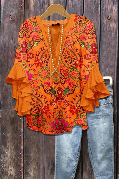 T-shirt à col en V et bordure lotus, imprimé floral créatif, impression numérique, tendance décontractée, m301358 