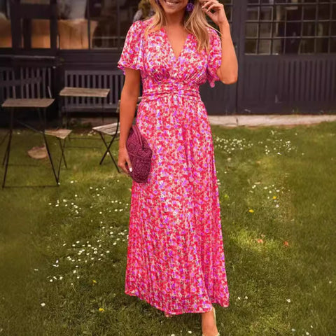 Temperament bedrucktes Kleid mit V-Ausschnitt und Taille m301307 