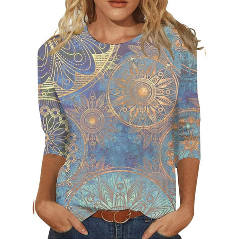 Seven-quarter sleeve plant flower 3D printing crew neck pullover m300615