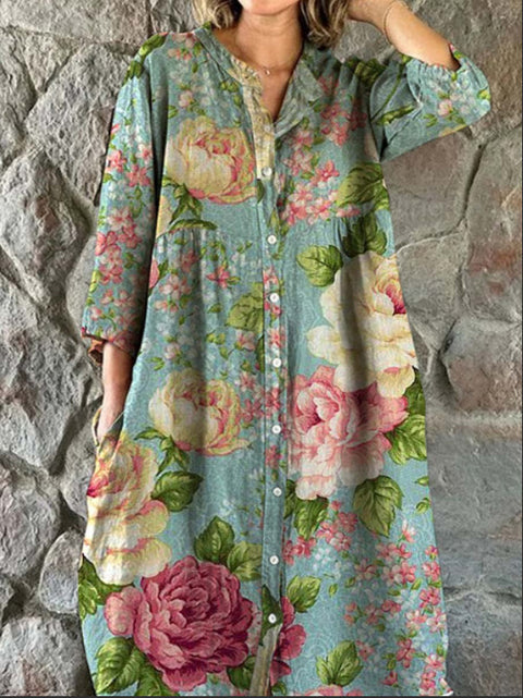 Women's Loose Crew Neck Fashion Premium Long Sleeve Printed Shirt Dress m301050