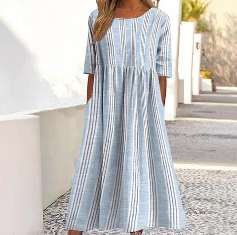 Damen Casual Rundhals Pullover Kurzarm 3D Druck Plissee Taille Swing Langes Kleid m301299 