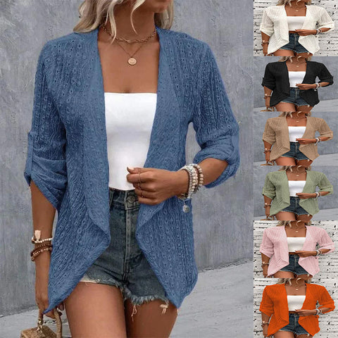 Einfarbige lässige Strickjacke für Damen mit mittleren Ärmeln m300422 