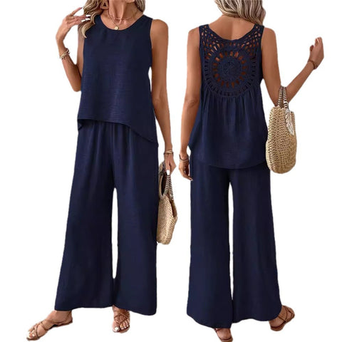 Frühling und Sommer einfarbig hohle Spitze zweiteilige Mode lässig Weste breite Beinhosen Hose m301367 