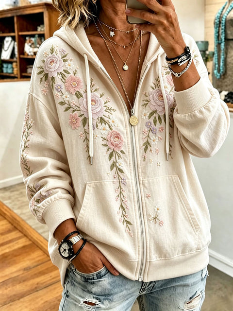 Sequin floral elements 3D digital printing loose casual hooded sweater m303215