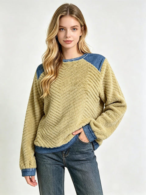 Herringbone embossed plush sweater spliced fake two-piece loose pullover top FF303354
