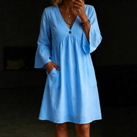 Elegant loose button V-neck solid color women's dress m302734