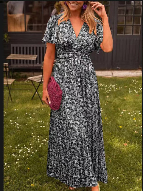 Temperament bedrucktes Kleid mit V-Ausschnitt und Taille m301307 