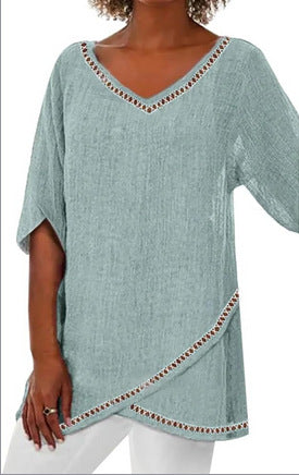 Women's printed animal natural scenery V-neck nine-quarter sleeve loose T-shirt m301289