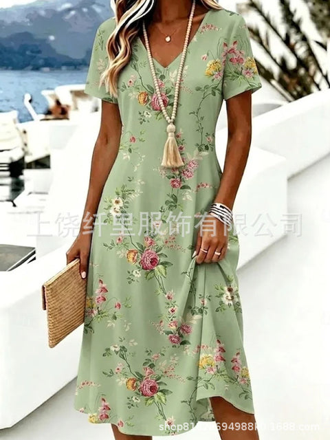 Printed women's v-neck short-sleeved temperament fashion dress m303046