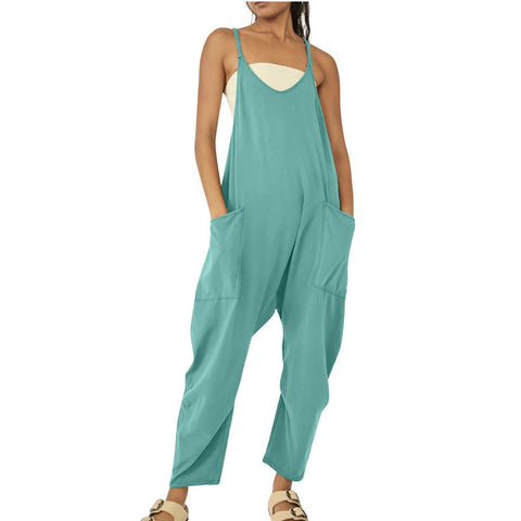 Einfarbiger Jumpsuit mit Reißverschlusstasche und Hosenträgern, dicke Hüfthose, m301068 