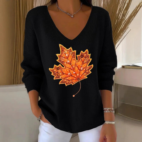 Shoulder V-neck long-sleeved autumn leaf 3D digital printing women's top FF303401