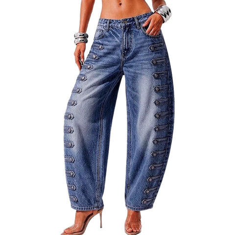 Court style high waist scimitar jeans women loose and thin street hipster versatile button washed trousers FF303268