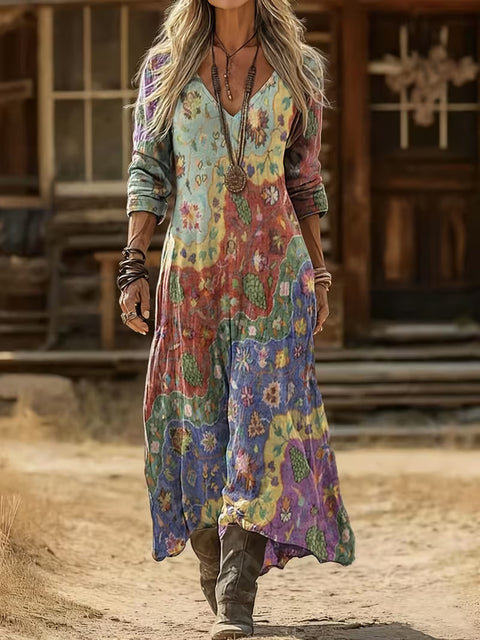 Creative tie-dye 3D printing women's new V-neck long-sleeved dress medium and long dress m302799