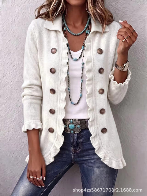 Women's fashion long-sleeved ruffle leaf open button cardigan FF303384 01